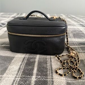 CHANEL Black Cosmetic Vanity Case with Gold Accents and Unbranded Strap